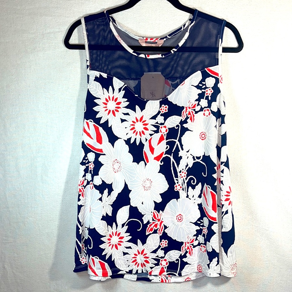 SJS Sleeveless Blouse with Floral Print and Mesh Collar